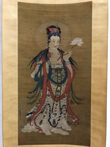 A Chinese Guanyin Painting Silk Scroll, Ding Gaunpeng Mark