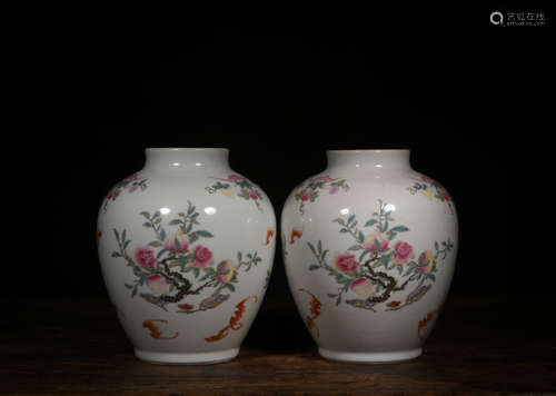 A Pair of Chinese Famille Rose Porcelain Vase Jars