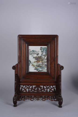 A Chinese Rosewood Famille Rose Painting Porcelain Table Screen