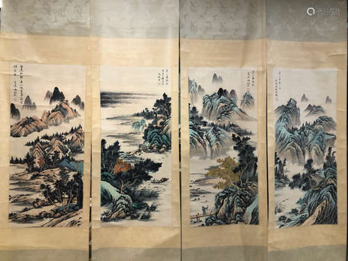 4pcs Chinese Landscape Painting Screens, Feng Chaoran Mark