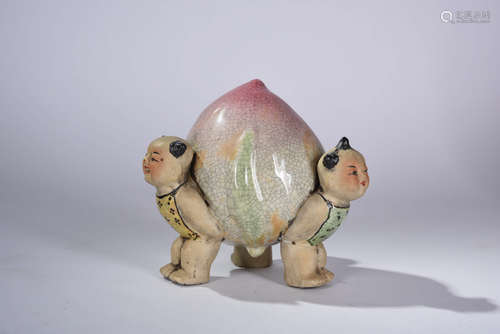 A Chinese Famille Rose Porcelain Peach&Boys Statue