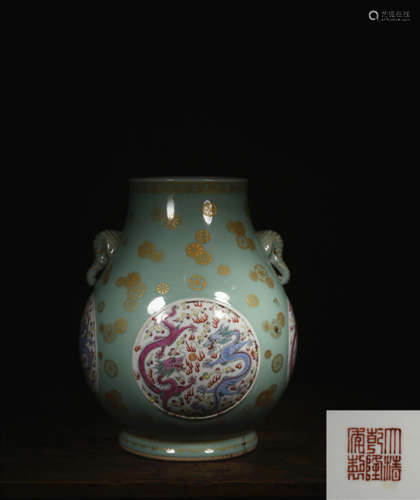 A Chinese Light Greenish-blue Glaze Floral Porelain Zun
