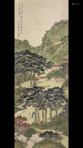 A Chinese Landscape Painting Silk Scroll, Pu Ru Mark