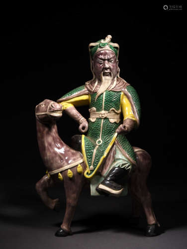 A Chinese Plain Tricolour Porcelain Statue of The Duke Guan