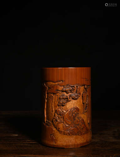 A Chinese Landscape Carved Bamboo Brush Pot