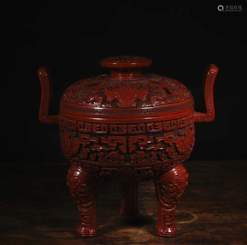 A Chinese Taotie Pattern Carved Lacquerware Three-legged Incense Burner