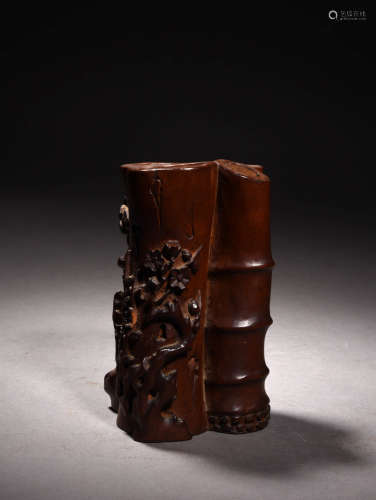 A Chinese Boxwood Plum blossom Carved Brush Pot