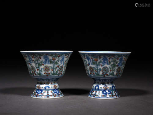 A Pair of Chinese Doucai Sanskrit  Porcelain Standing Cups