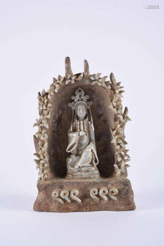 A Chinese Shadow blue White Glazed Porcelain Guanyin Statue