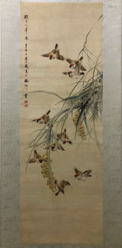 A Chinese Bird Painting Silk Scroll, Yna Bolong Mark