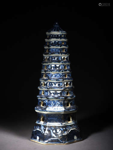 A Chinese Blue and White Porcelain Pagoda