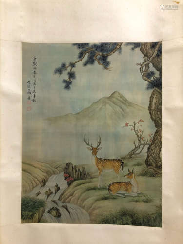 A Chinese Deer Painting Silk Scroll, Ma Jin Mark