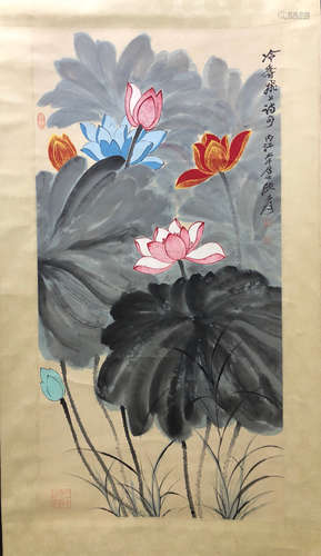 A Chinese Lotus shrimp&crab Painting, Zhang Daqian Mark