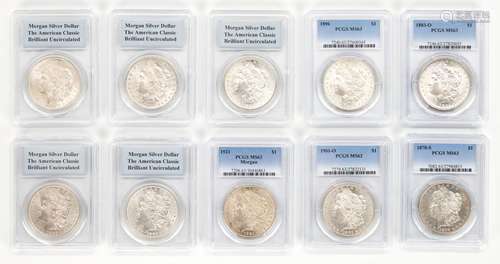 10 PCGS Graded Morgan Silver Dollars, incl. MS63