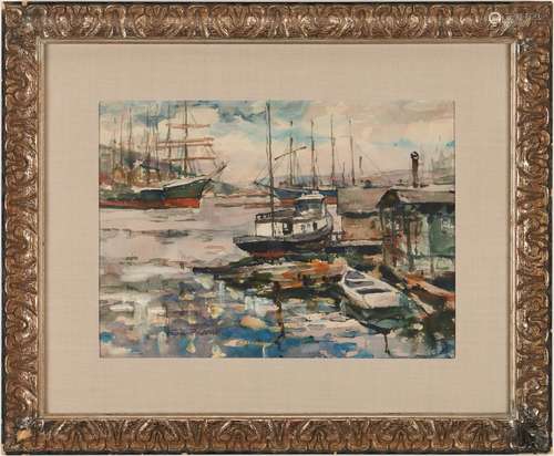 Watercolor Harbor Scene, Signed Forkner