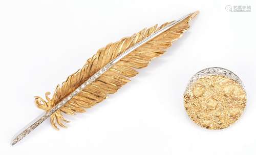 2 Ladies 18K Diamond Pins, Feather & Moon