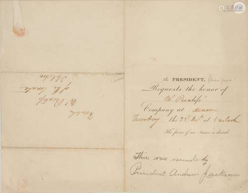 19th c. White House Dinner Invitation, poss Andrew Jackson