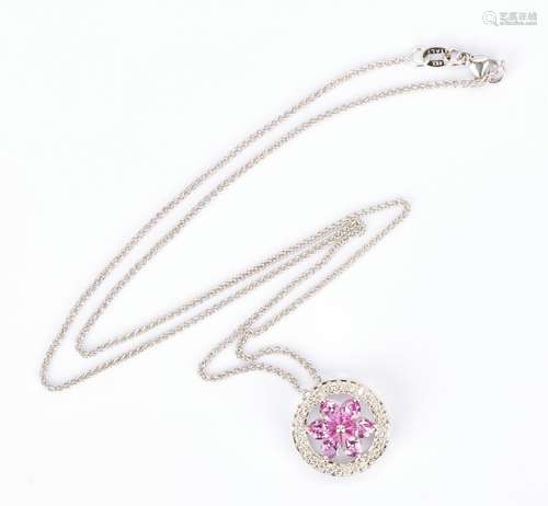 Ladies 18K Diamond & Pink Sapphire Pendant & 14K White Gold Necklace