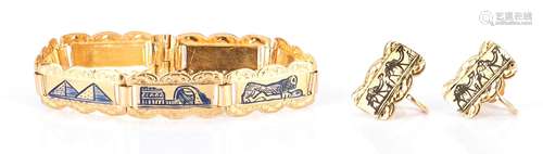 18K Gold Egyptian Tile Bracelet and Earrings