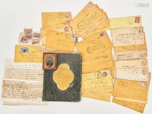 63 Civil War ephemera items, incl. Soldier Ambrotype, Autograph Album, Johnson's Island Envelopes