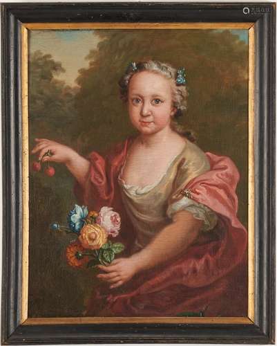 French School 18th C. oil, Girl w/ Cherries and Flowers