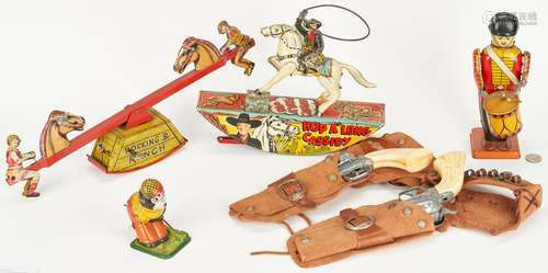 4 Tin Litho Toys plus 2 Pony Boy Guns, Roy Rogers Holster