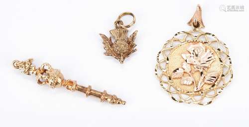 3 Ladies Gold Pendants, Scepter, Rose & Thistle