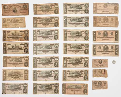 28 Confederate Bills, incl. $50, $20, $10