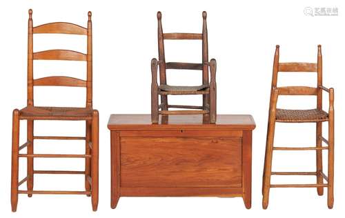 3 East TN Ladderback Chairs & Miniature Chest