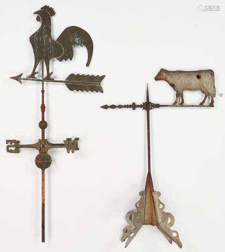 2 Copper Figural Weathervanes - Rooster & Cow