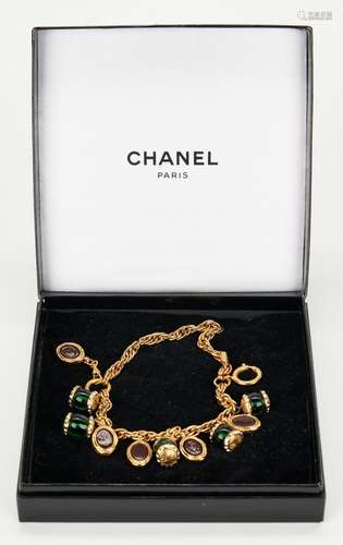 Chanel Gripoix Red & Green Gold Tone Charm Bracelet