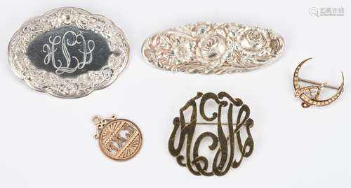 4 Ladies Brooches & 1 Pendant, Sterling & Gold