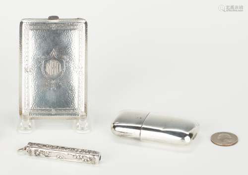 3 Sterling Silver Items, Purse, Pen & Flask