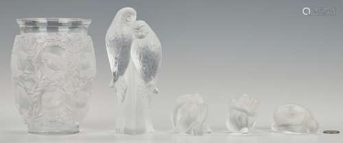 3 Lalique Nude Figures, Parakeets, & Bagatelle Vase