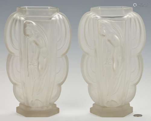 Pair French Etling Art Deco Glass Vases