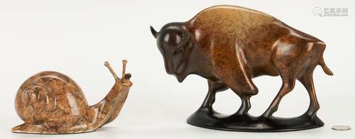 2 Robert Deurloo Bronze Sculptures, Bison and Snail