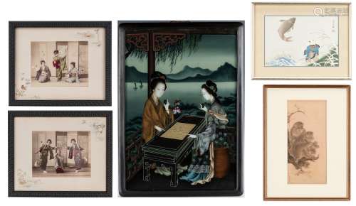 5 Asian Framed Items, inc. Monkeys, Geishas