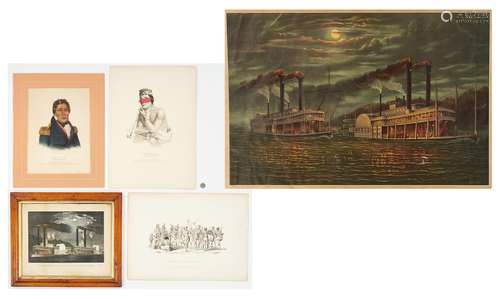 5 19th C. Lithos. incl. Steamboat Races, Native Americans