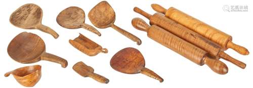 11 Wooden Kitchen Tools, Tiger Maple and Burl