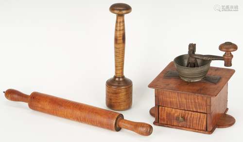 3 Tiger Maple Kitchen Items, 19th C.