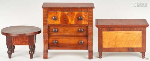 Miniature Chests and Table, incl. Birdseye and Tiger Maple