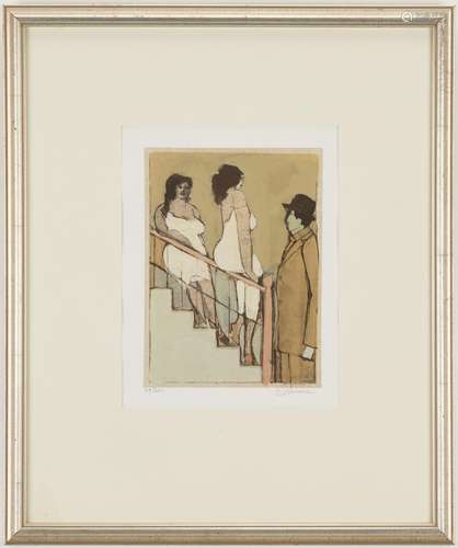 David Schneuer Lithograph, Women on Stairs