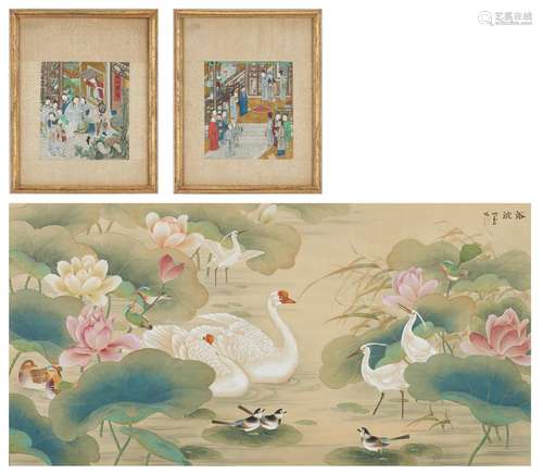 2 Asian Gouache Paintings + Watercolor on silk