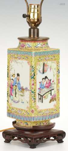 Chinese Famille Rose Cong Vase, mounted as lamp