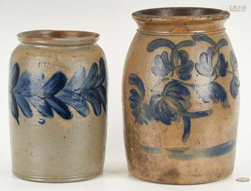 2 Mid-Atlantic Pottery Jars w/ Cobalt Decoration, incl. Myers-Remmey