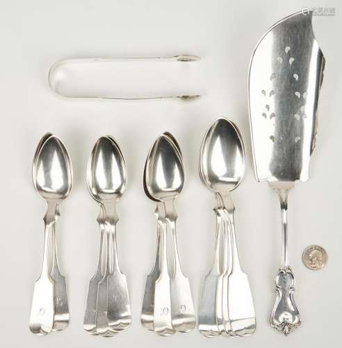 Coin silver fish slice and spoons plus English tongs