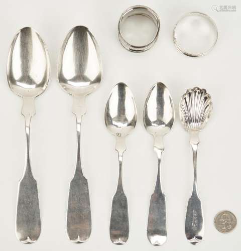 5 Coin Silver Spoons incl. TN, plus 2 Napkin Rings