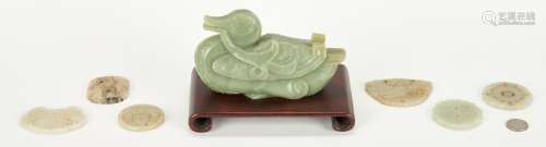 Chinese Carved Jade Duck and Plaques, 7 items