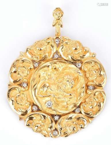 22K Gold and Diamond Lion and Flower Pendant