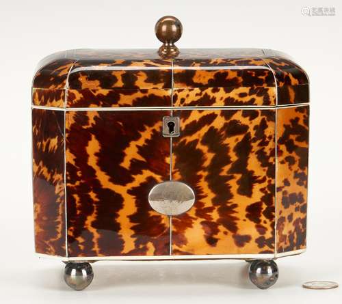 Regency Tortoiseshell Tea Caddy, Silver Inlay